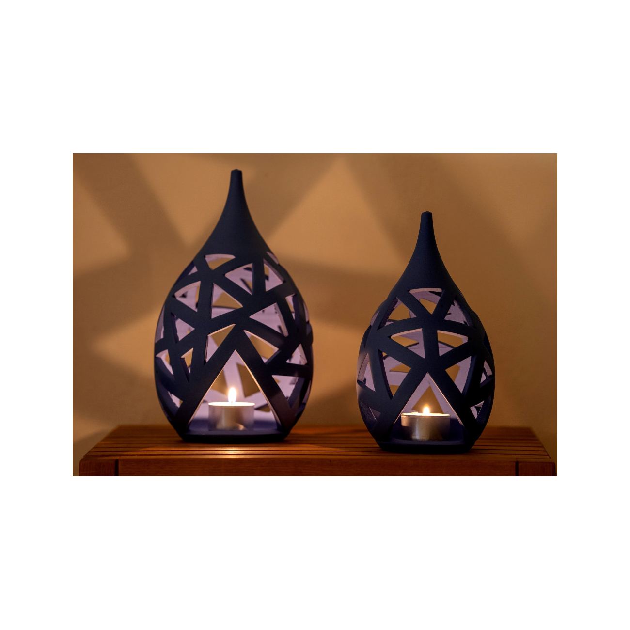 Set of 2 Modern Ceramic Tealight Candle Lanterns, Blue Color, Large